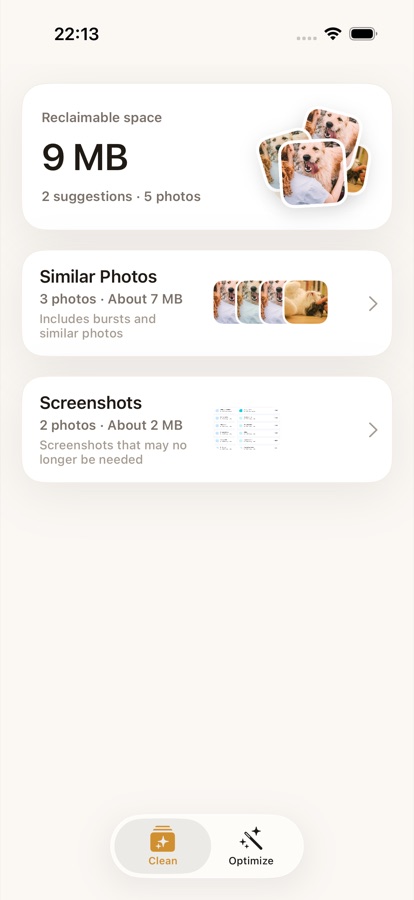 Photo Cleaner cleanup overview screen