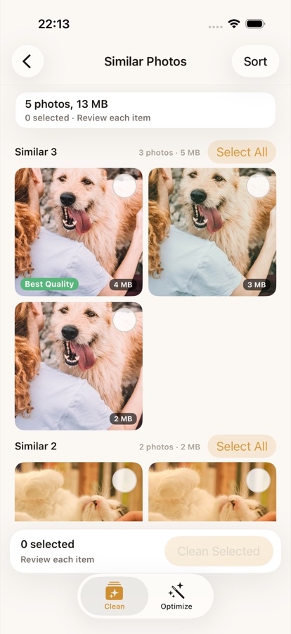 Similar photos review screen in Photo Cleaner