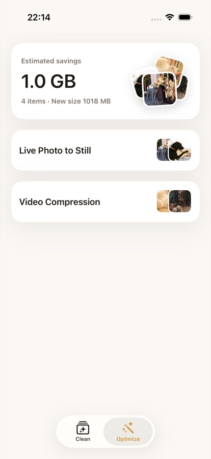 Photo optimization screen